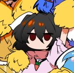  1girl animal_ears black_hair carrot_necklace empty_eyes floppy_ears hair_between_eyes holding holding_pom_poms inaba_tewi jewelry long_bangs looking_at_viewer mizuga necklace no_mouth pink_shirt pom_pom_(cheerleading) puffy_short_sleeves puffy_sleeves rabbit_ears rabbit_girl red_eyes shirt short_hair short_sleeves solo touhou 