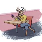 2020 anthro antlers barefoot bottomwear brown_antlers brown_body brown_fur brown_hooves cel_shading cellphone chair clothed clothing container cup deer digital_drawing_(artwork) digital_media_(artwork) drinking_straw dyyrlysh electronics eyebrows feet fingers fully_clothed fur furniture grey_bottomwear grey_clothing grey_pants holding_cellphone holding_object holding_phone holding_smartphone hooved_fingers hooves horn kristoffer_everglade krita_(artwork) male mammal new_world_deer on_chair pants phone restaurant shaded sitting sitting_on_chair smartphone snout solo table unguligrade wayback_burgers white-tailed_deer yellow_sweatshirt