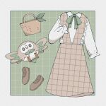  basket border brown_dress brown_footwear collared_shirt dress frilled_dress frilled_sleeves frills green_background green_ribbon highres long_sleeves looking_at_viewer no_humans outside_border pinafore_dress pokemon pokemon_(creature) ribbon rowlet shirt shoes simple_background sleeveless sleeveless_dress solo sumi_fms unworn_dress unworn_shirt unworn_shoes white_border white_shirt 