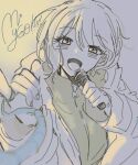  1girl bang_dream! bang_dream!_it&#039;s_mygo!!!!! blush chap55al commentary copyright_name greyscale hashtag-only_commentary holding holding_microphone jacket long_sleeves microphone monochrome music open_clothes open_jacket open_mouth pinky_out short_hair singing smile solo string_on_pinky takamatsu_tomori upper_body 