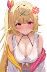  1girl anger_vein blonde_hair blush breasts cleavage clothes_down crop_top hair_ornament heterochromia highres hoshikawa_sara hoshikawa_sara_(1st_costume) jacket looking_at_viewer medium_breasts navel nijisanji nose_blush open_clothes open_jacket red_eyes shirt side_ponytail simple_background solo suicabar72 tank_top tearing_up tied_shirt twitter_username upper_body virtual_youtuber watermark white_background white_jacket white_tank_top x_hair_ornament yellow_eyes 