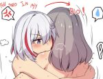  2girls anger_vein bite_mark blue_eyes commentary from_behind grey_hair hair_ornament highres hinghoi honkai:_star_rail honkai_(series) long_hair multicolored_hair multiple_girls nude red_hair spoken_anger_vein spoken_sweatdrop stelle_(honkai:_star_rail) streaked_hair sweat sweatdrop topaz_(honkai:_star_rail) trailblazer_(honkai:_star_rail) upper_body yuri 