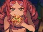  1girl black_bra bra breasts cleavage drill_hair drill_sidelocks eating food green_eyes holding holding_food holding_pizza ka_4maki long_hair original pizza red_hair sidelocks solo underwear v-shaped_eyebrows 