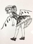  blush bow flandre_scarlet from_behind full_body greyscale hat highres layered_skirt leaning_forward loafers looking_at_viewer looking_back mashimashi mob_cap monochrome open_mouth pointy_ears shoes short_sleeves side_ponytail solo standing touhou 