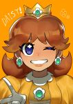  absurdres blue_eyes brooch brown_hair character_name crown dancho_no_mori dress earrings gloves green_gem highres jewelry looking_at_viewer mario_(series) one_eye_closed orange_background princess_daisy puffy_sleeves smile upper_body v white_gloves yellow_dress 