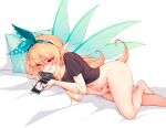  1girl barefoot black_shirt blonde_hair bottomless female_masturbation green_wings highres lying masturbation navel nijisanji on_side pomu_rainpuff red_eyes ricegnat shirt short_sleeves solo thighs virtual_youtuber wings 