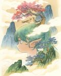  1girl above_clouds animal_on_head bird bird_on_head cloud giant giantess green_eyes green_hair heikala highres maple_tree mountain mountainous_horizon nature on_head original outdoors pheasant pine_tree pointy_ears scenery sky tree yellow_sky 