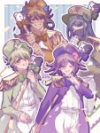  4boys ;d amami_rantaro bow bowtie danganronpa_(series) danganronpa_v3:_killing_harmony glasses gokuhara_gonta green_bow green_bowtie green_hat grin hand_up hat highres holding holding_staff long_sleeves male_focus mask monokuma mouth_mask multiple_boys nota_sayaka official_alternate_costume oma_kokichi one_eye_closed orange_eyes orange_hat pants purple_hat round_eyewear shinguji_korekiyo shirt shirt_tucked_in smile staff staff_(music) white_pants white_shirt 