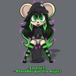 anthro bear belt big_ears big_eyes black_clothing black_dress bottomwear clothed clothing digital_drawing_(artwork) digital_media_(artwork) dress femboy footwear gaby(goatgaby) genitals green_eyes green_hair grey_background hair hat headgear headwear hi_res legwear long_hair long_socks machine male mammal penis penis_under_skirt presenting raised_bottomwear raised_clothing raised_skirt redraw robot robotic_arm robotic_leg shoes simple_background size_difference skirt small_penis smaller_male solo spanish_text stockings streamers text translation_request yerolay