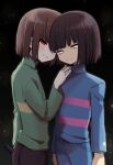  2others arms_at_sides black_background blue_pants blue_sweater blunt_bangs blunt_ends bob_cut brown_hair brown_pants chara_(undertale) closed_mouth frisk_(undertale) green_sweater grin hand_on_another&#039;s_shoulder highres holding leftporygon light light_blush long_sleeves looking_at_another looking_at_viewer multiple_others no_pupils pants pink_sweater red_eyes short_hair smile standing striped_clothes striped_sweater sweater undertale white_eyes yellow_sweater 