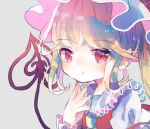  1girl ascot bat_wings blonde_hair crystal flandre_scarlet hand_on_own_face hat hat_ribbon hiyuu_(hiyualice) laevatein_(touhou) mob_cap multicolored_wings one_side_up puffy_short_sleeves puffy_sleeves red_eyes red_vest ribbon short_sleeves side_ponytail skirt skirt_set solo star_(symbol) touhou vest white_hat wings yellow_ascot 