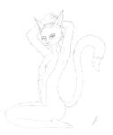  absurd_res anthro black_and_white breasts felid feline female female_anthro fur graphite_(artwork) hands_behind_head hi_res johndoe8771 kneeling line_art looking_at_viewer mammal monochrome nipples nude pencil_(artwork) plantigrade side_view simple_background sketch small_breasts smile solo sylvania_(johndoe8771) tail traditional_media_(artwork) white_background 