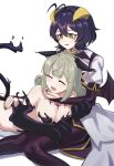  2girls :d ^_^ absurdres ahoge animal_ears animal_hands aoki_shizumi araga_kiwi bags_under_eyes black_hair blush breasts bridal_gauntlets closed_eyes demon_horns demon_wings double_bun elbow_gloves fang fingernails gloves green_hair hair_bun hand_on_another&#039;s_back hand_on_another&#039;s_cheek hand_on_another&#039;s_chin hand_on_another&#039;s_face highres hiiragi_utena horns leoparde_(mahou_shoujo_ni_akogarete) long_fingernails lying magia_baiser mahou_shoujo_ni_akogarete mole mole_under_eye multiple_girls on_stomach open_mouth smile stroking_another&#039;s_chin symbol-shaped_pupils tail wings yellow_eyes yuri 