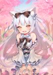  :d animal_ear_fluff animal_ears azur_lane bangs bare_shoulders black_bow blush bow brown_eyes cat_ears cherry_blossoms day detached_sleeves dress eyebrows_visible_through_hair fang hair_bow highres leaning_forward lips long_hair looking_at_viewer open_mouth outdoors petals shirako_sei silver_hair sleeveless smile solo tree white_dress yukikaze_(azur_lane) 