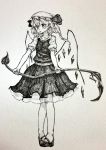  bangs bow flandre_scarlet full_body greyscale hat hat_bow highres laevatein long_hair looking_at_viewer mary_janes mashimashi mob_cap monochrome no_socks parted_lips shoes short_sleeves side_ponytail skirt skirt_set solo standing touhou traditional_media 