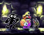  1boy 1girl big_nose black_cat cat facial_hair from_side gloves greatmystic grin hat muscular muscular_male mustache overalls princess_shokora purple_overalls shirt smile wario wario_land wario_land_4 white_gloves yellow_hat yellow_shirt 