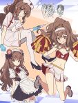  1girl absurdres blush breasts brown_hair cheerleader ebora hat highres kumari_kojika long_hair looking_at_viewer mahou_tsukai_no_yoru multiple_views nurse nurse_cap pom_pom_(cheerleading) small_breasts tsukihime white_background 