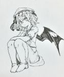  absurdres bangs bat_wings blush bow closed_mouth full_body greyscale hair_between_eyes hat hat_bow highres looking_at_viewer mashimashi mob_cap monochrome pointy_ears remilia_scarlet short_hair short_sleeves sitting solo touhou traditional_media wings 