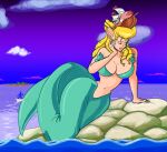 absurd_res big_breasts blonde_hair bra breasts cleavage clothed clothing cloud curled_hair ear_fins eliza_(parodius) eyelashes eyes_closed female fin fish_tail gradius green_body green_clothing green_scales green_topwear hair hi_res humanoid island konami lipstick lying macro makeup marine merfolk navel on_side parodius piscirabble red_lipstick scales sea seashell_bra sky small_waist smile solo split_form tan_body tan_skin topwear underwear water