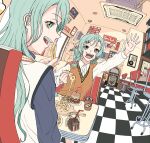  2girls aqua_hair arm_up bang_dream! bar_stool blue_shirt braid brown_sweater_vest burger checkered_floor collared_shirt drinking_straw eating fisheye food french_fries green_eyes hair_ornament hairclip highres hikawa_hina hikawa_sayo holding holding_food holding_pizza indoors ishinomaki_rokorou jukebox long_hair low_twin_braids medium_hair multiple_girls pizza shirt siblings sisters sitting stool sweater_vest twin_braids vest waving white_shirt white_vest 