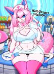 anthro big_breasts blue_eyes breasts caption cleavage clothed clothing dialogue eeveelution female fluffy fluffy_tail fur generation_6_pokemon hat headgear headwear hi_res legwear looking_at_viewer midriff nintendo nurse nurse_clothing nurse_hat nurse_headwear nurse_uniform one_eye_closed panties pink_body pink_fur pinup pokemon pokemon_(species) pose sitting solo suggestive sylveon tail thigh_highs underwear uniform upskirt wink winking_at_viewer yumiiefox