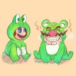  2boys animal_costume big_nose blue_eyes cleft_chin closed_eyes facial_hair frog_costume frog_mario gloves grin highres mario mario_(series) multiple_boys mustache parted_lips simple_background smile wario warioware white_gloves windierrev 