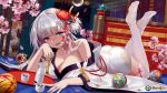  :d alcohol ass azur_lane ball bangs bed bed_frame bed_sheet blinds blunt_bangs blush breasts choko_(cup) cleavage collarbone copyright_name crescent_moon cup drunk eyebrows_visible_through_hair eyeshadow flower foreshortening hair_flower hair_ornament indoors japanese_clothes kimono large_breasts legs_up long_hair looking_at_viewer lying makeup moon night night_sky no_shoes nose_blush off_shoulder on_bed on_stomach open_mouth petals pink_flower revision ribbon-trimmed_legwear ribbon_trim sake shiny shiny_hair shoukaku_(azur_lane) silver_hair single_bare_shoulder sky smile solo sweat tassel temari_ball thighhighs tokkuri tray white_kimono white_legwear wind_chime window zettai_ryouiki zjsstc 