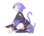  0_mix_9 1boy animal_ears armor cat cat_boy cat_ears cat_tail closed_eyes closed_mouth commentary from_side genshin_impact highres japanese_armor japanese_clothes kote kurokote male_focus nuzzle own_hands_together purple_eyes purple_hair scaramouche_(cat)_(genshin_impact) scaramouche_(genshin_impact) simple_background sitting tail white_background wide_sleeves 