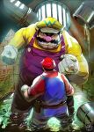  2boys artnerdx blue_overalls cleft_chin clenched_hands facial_hair gloves hat mario mario_(series) multiple_boys mustache overalls pointy_ears purple_overalls red_hat red_shirt sewer shirt wario water white_gloves yellow_hat yellow_shirt 