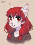  2017 anthro black_lips cat clothed clothing ear_piercing feline female fur hair headshot_portrait inner_ear_fluff iskra looking_at_viewer mammal piercing pink_nose portrait red_eyes red_hair seelena_zorn_(iskra) smile solo white_fur 