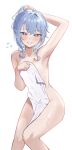  1girl :d arm_up armpits blue_hair breasts clenched_teeth highres holding holding_own_hair holding_towel hololive hoshimachi_suisei long_bangs long_hair looking_at_viewer messy_hair naked_towel nude purple_eyes sidelocks simple_background small_breasts smile solo straight-on teeth tomanesan towel wet white_background 
