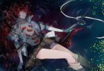  absurdres androgynous colored_eyelashes elbow_gloves gem gem_uniform_(houseki_no_kuni) gloves highres houraisan_chouko houseki_no_kuni long_hair lying lying_on_water on_back open_clothes open_shirt padparadscha_(houseki_no_kuni) partially_submerged red_eyes red_hair smile solo suspenders sword thighhighs water wavy_hair weapon 