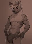  absurd_res anthro azoomer bulge clothed clothing fur hi_res hyena looking_at_viewer male mammal muscular muscular_anthro muscular_male shirtless smile solo underwear underwear_only 