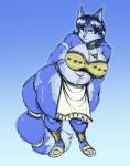  anthro big_breasts blue_body blue_fur blue_hair bottomwear bra breasts choker cleavage clothed clothing crown emssik-la female footwear fur hair headgear hi_res jewelry krystal_(star_fox) loincloth mammal necklace nintendo sandals slightly_chubby slightly_chubby_female star_fox tail thick_thighs tiara underwear 