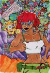  absurdres black_lips breasts dark_skin fanny_pack flying_saucer fudepen_(medium) highres large_breasts marker_(medium) molten_garnet navel_piercing nose_piercing nose_ring original piercing planet red_hair space spacecraft sunglasses tan traditional_media 