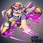  1boy artist_name blue_shirt character_name cleft_chin facial_hair fingerless_gloves gloves grin helmet male_focus motor_vehicle motorcycle motorcycle_helmet mustache on_motorcycle pointy_ears quas-quas shirt simple_background smile super_smash_bros. thick_eyebrows wario warioware yellow_gloves 