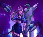  1girl artist_name claws coksii commentary demon demon_girl english_commentary evelynn_(league_of_legends) highres k/da_(league_of_legends) k/da_all_out_evelynn league_of_legends looking_at_viewer skirt snake solo statue thighhighs yellow_eyes 