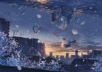  building cherry_blossoms city cityscape cloud cloudy_sky cola_(gotouryouta) falling_petals fantasy ice ice_cube morning no_humans original outdoors petals power_lines scenery sky skyline utility_pole water water_drop 