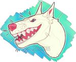 ambiguous_gender artist_name blue_eyes fangs feral fur headshot_portrait heart_pupils open_mouth pink_nose pink_sclera portrait rayliicious solo teeth white_body white_fur