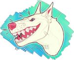  ambiguous_gender artist_name blue_eyes fangs feral fur headshot_portrait heart_pupils open_mouth pink_nose pink_sclera portrait rayliicious solo teeth white_body white_fur 