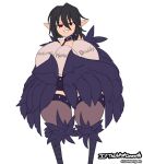  1girl artist_name bird_legs black_feathers black_hair black_harpy black_thighhighs black_wings choker egg feathered_wings feathers half-closed_eyes harpy highres holding holding_egg looking_at_viewer monster_girl monster_girl_encyclopedia pointy_ears red_eyes saintofspats short_hair solo thighhighs winged_arms wings 