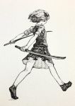  arms_behind_back dual_wielding from_side full_body greyscale highres holding holding_sword holding_weapon konpaku_youmu mashimashi monochrome pleated_skirt shoes short_hair short_sleeves skirt solo sword touhou traditional_media walking weapon 