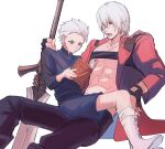  2boys aged_down belt_bra blue_eyes book brothers coat dante_(devil_may_cry) devil_may_cry_(series) devil_may_cry_3 devil_may_cry_5 fingerless_gloves gloves hair_slicked_back highres holding male_focus minoxis multiple_boys muscular muscular_male rebellion_(sword) siblings sword vergil_(devil_may_cry) weapon white_hair 