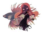  1girl absurdres black_skin bow_(music) cephalocrow colored_skin cropped_legs finn_feeder_(splatoon) highres holding holding_bow_(music) holding_instrument holding_violin instrument long_hair music orange_eyes orange_hair outline playing_instrument siamese_fighting_fish solo splatoon_(series) splatoon_2 violin white_background white_outline 