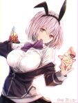  1girl animal_ears breasts collared_shirt commentary_request gridman_universe highres holding holding_toy kaijuu large_breasts looking_at_viewer mouth_hold nanashi_a nanashi_b off_shoulder orange_eyes pink_hair rabbit_ears shinjou_akane shirt short_hair simple_background smile solo ssss.gridman toy ueda_metawo upper_body white_background 