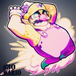  1boy artist_name big_nose character_name cleft_chin facial_hair gloves green_footwear grin hat highres male_focus mustache overalls pointy_ears purple_overalls quas-quas shirt smile super_smash_bros. wario wario_land white_gloves yellow_hat yellow_shirt 