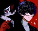  1boy amamiya_ren black-framed_eyewear black_eyes black_hair black_jacket eye_mask eyelashes glasses gloves hair_between_eyes jacket male_focus mask multiple_views parted_lips persona persona_5 pswlv05 red_eyes red_gloves school_uniform shuujin_academy_school_uniform simple_background star_(symbol) upper_body white_mask 