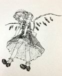  bow bowtie flandre_scarlet full_body greyscale hat highres layered_skirt mary_janes mashimashi mob_cap monochrome parted_lips shoes short_sleeves side_ponytail skirt skirt_set socks solo standing touhou traditional_media 