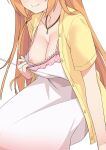  1girl breasts dress highres long_hair medium_breasts morisobo nipples orange_hair pecorine_(princess_connect!) princess_connect! solo white_dress 