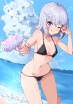  1girl ;q absurdres beach bikini black_bikini blush breasts chris_(konosuba) grey_hair hair_between_eyes highres himari_ii holding holding_water_gun kono_subarashii_sekai_ni_shukufuku_wo! looking_at_viewer navel ocean one_eye_closed purple_eyes second-party_source short_hair small_breasts solo sparkle standing swimsuit tongue tongue_out water_gun 